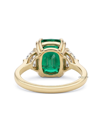 Art Deco Emerald Cushion Cut Diamond Three Stone Ring Engagement Ring