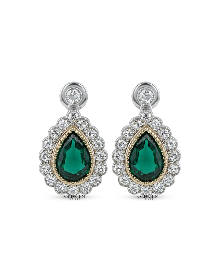 Emerald Pear And Round Diamond Halo Drop Earring Earrings