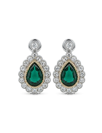 Emerald Pear And Round Diamond Halo Drop Earring Earrings