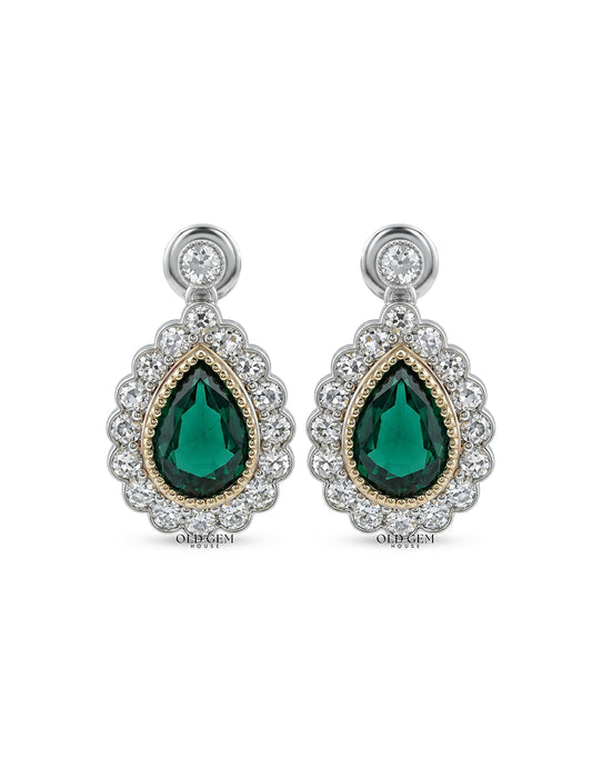 Emerald Pear And Round Diamond Halo Drop Earring Earrings