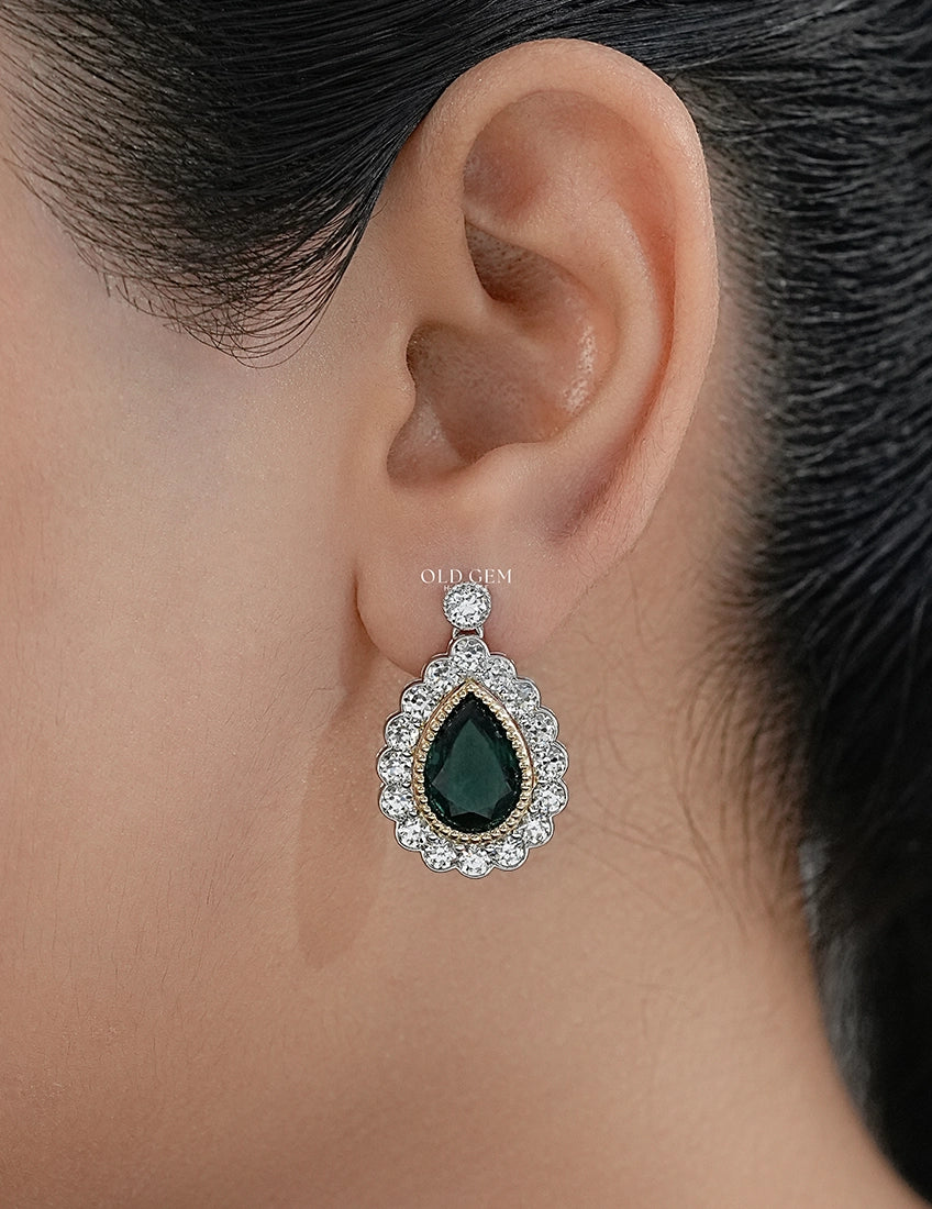 Emerald Pear And Round Diamond Halo Drop Earring Earrings
