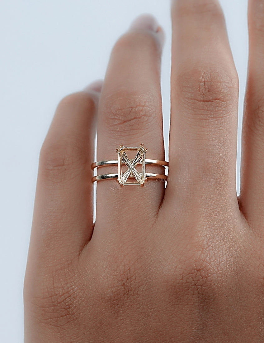 Emerald Shape Dual Band Semi Mount Ring