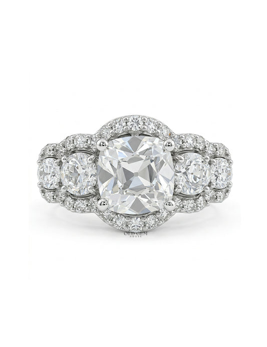 Mid Century Old Mine Cut Diamond Five Stone Halo Ring Wedding Band