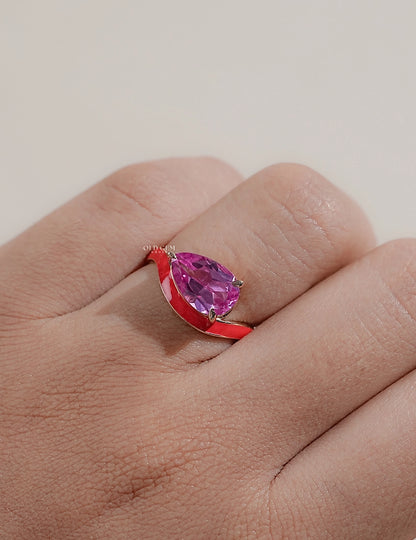 Pink Tourmaline Art Deco Pear Cut Enamel Curved Ring Engagement Ring