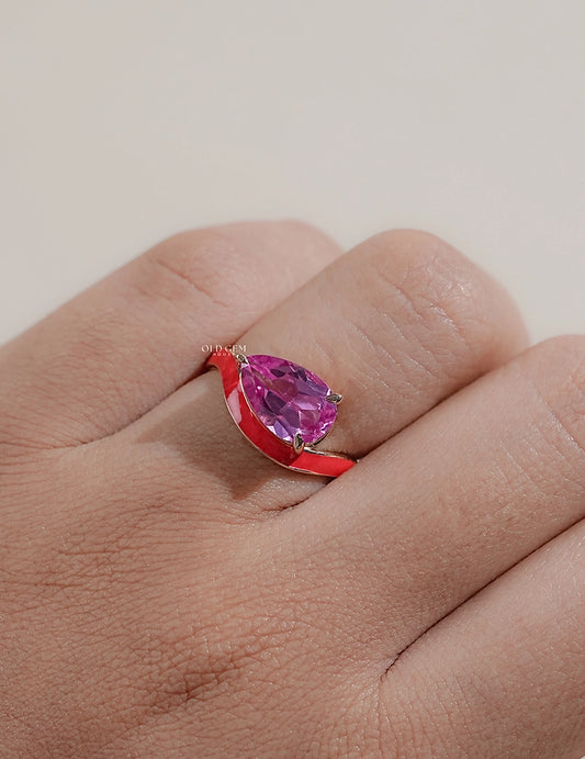 Pink Tourmaline Art Deco Pear Cut Enamel Curved Ring Engagement Ring