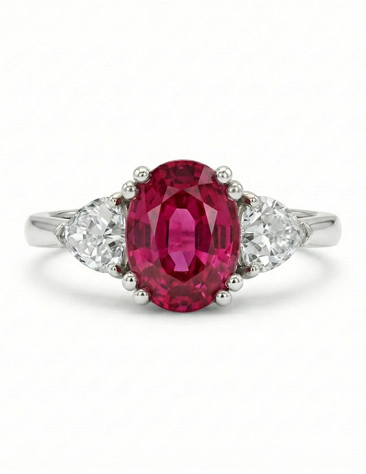 Red Gemstone Oval Cut Three Stone Ring - Edwardian Engagement Ring