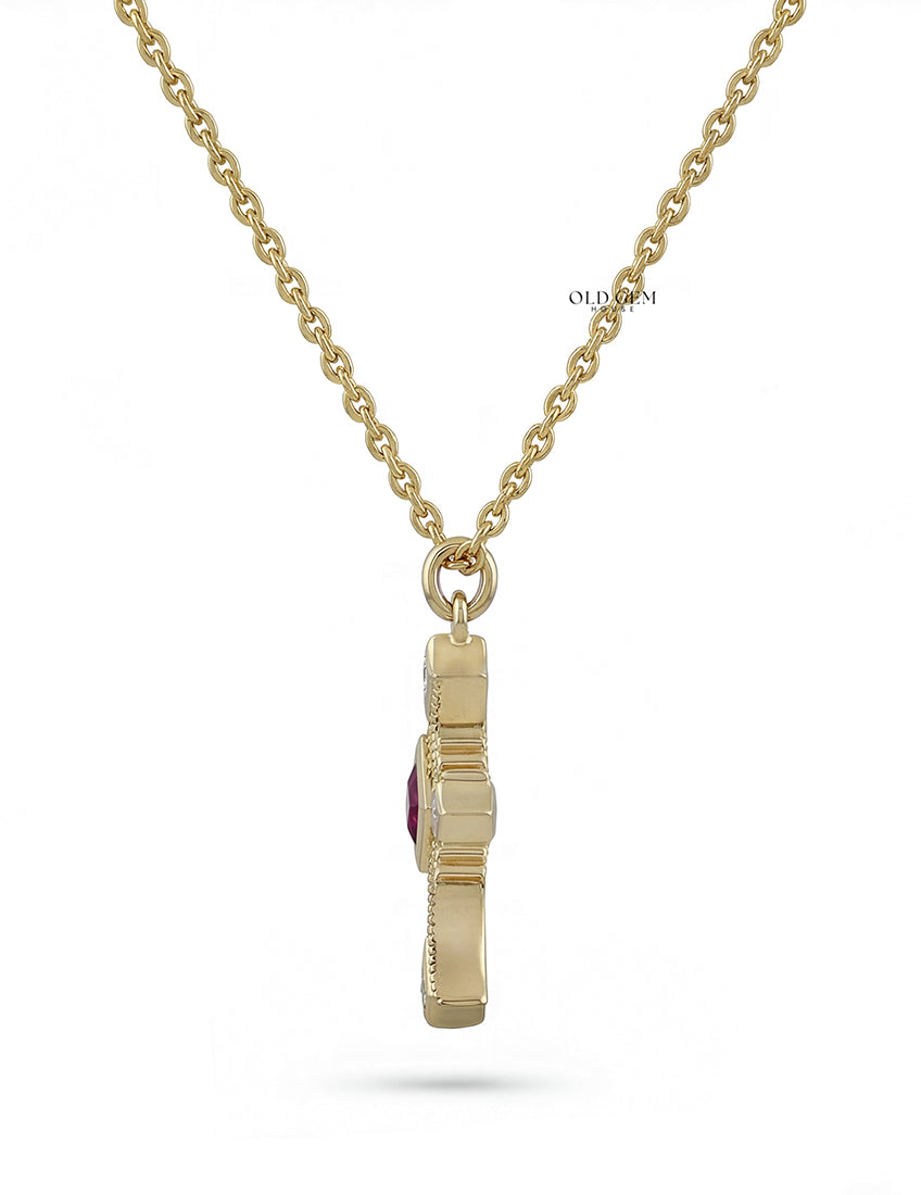 Red Gemstone Princess Cut Criss Cross Pendant Necklaces
