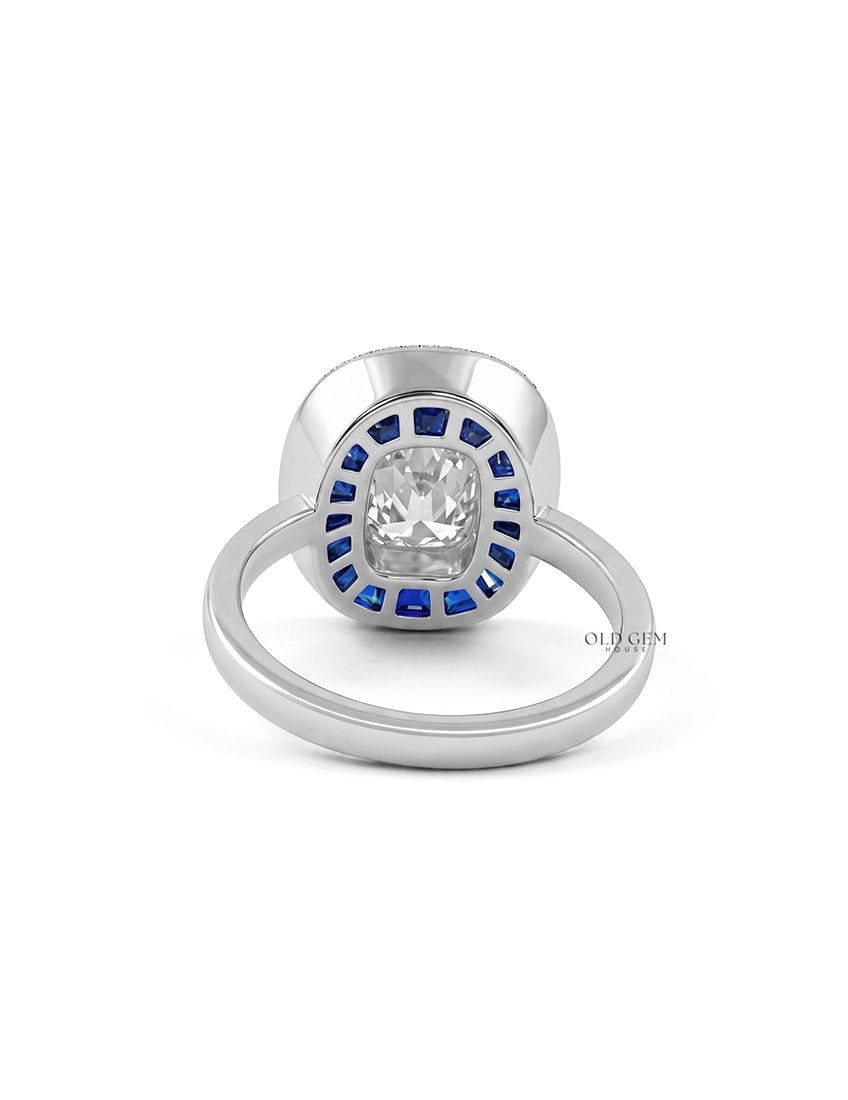 Art Deco Old Mine Cushion Cut Blue Sapphire Halo Ring Engagement Ring