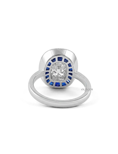 Art Deco Old Mine Cushion Cut Blue Sapphire Halo Ring Engagement Ring