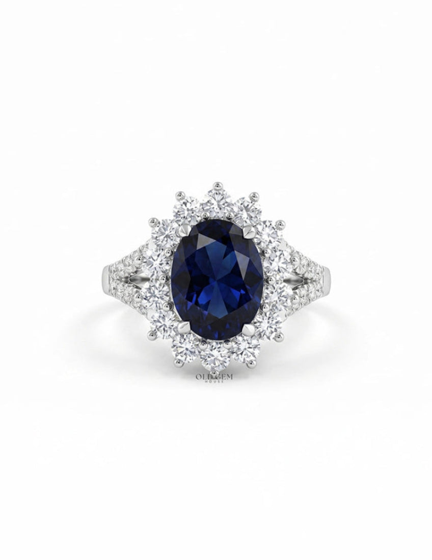 Retro Blue Sapphire Oval Cut Halo Accent Ring Engagement Ring