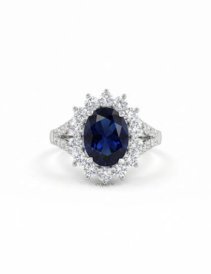 Retro Blue Sapphire Oval Cut Halo Accent Ring Engagement Ring