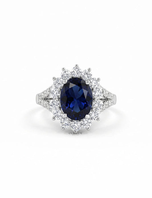 Retro Blue Sapphire Oval Cut Halo Accent Ring