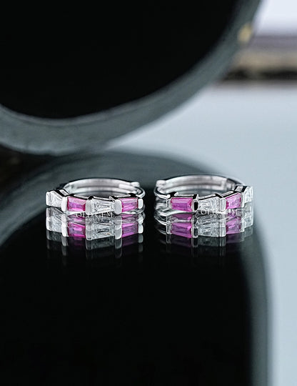 Tapped Baguette Cut Pink Gemstone And Lab Diamond Huggie Hoop