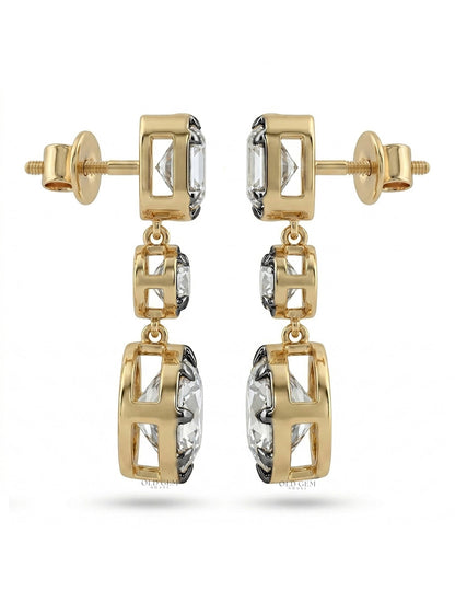 Old European & Asscher Cut Three Stone Drop Earring Earrings