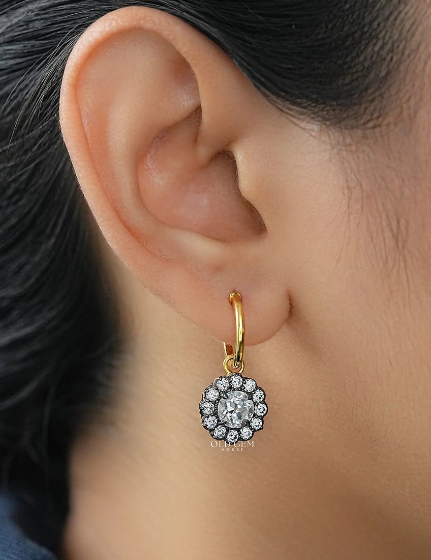 Georgian Style OEC Round Cut Floral Hoop Dangle Earrings Earrings