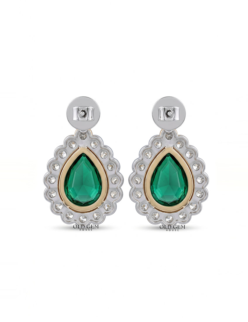 Pear Shape Emerald Gemstone Halo Diamond Drop Earring Earrings