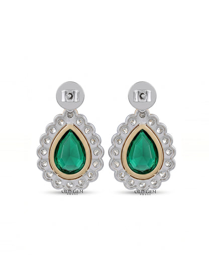 Pear Shape Emerald Gemstone Halo Diamond Drop Earring Earrings