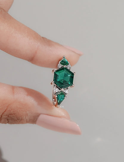 Art Deco Emerald Hexagon Cut Three Stone Ring Engagement Ring