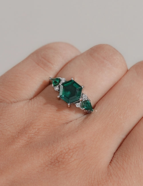 Art Deco Emerald Hexagon Cut Three Stone Ring
