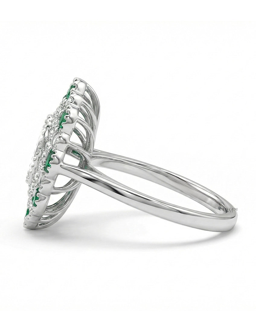 Emerald Art Deco Old Mine Oval Cut Double Halo Ring Engagement Ring