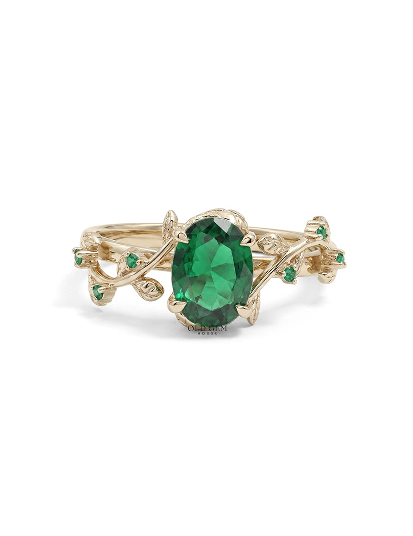Vintage Leaf Art Deco Green Oval Gemstone Accent Ring Engagement Ring