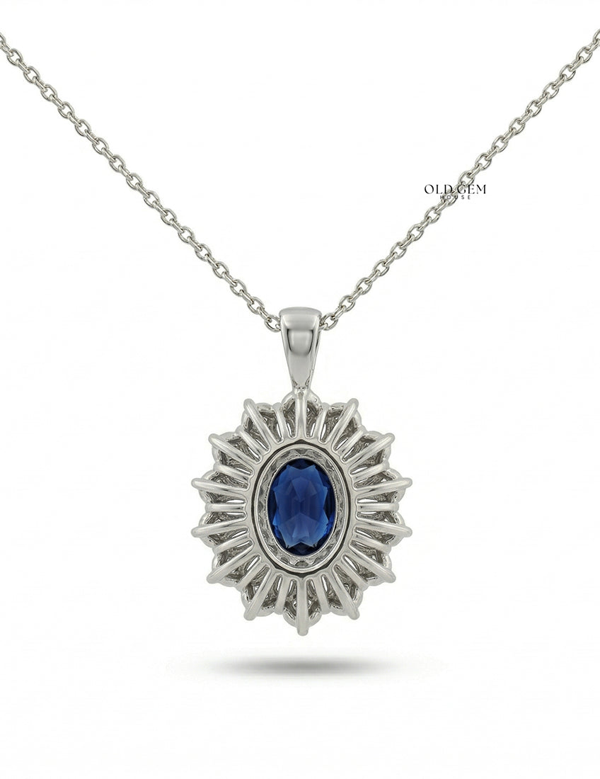 Blue Sapphire Oval Cut Halo Diamond Pendant Necklaces
