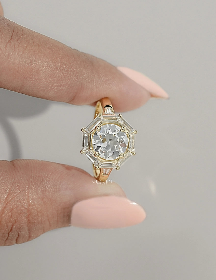 Mid Century Old European Round Cut Lab Diamond Halo Ring Engagement Ring