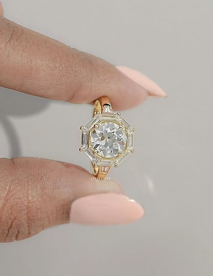 Mid Century Old European Round Cut Lab Diamond Halo Ring Engagement Ring