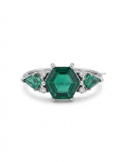 Art Deco Emerald Hexagon Cut Three Stone Ring Engagement Ring