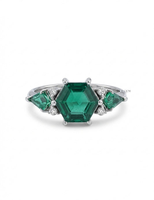 Art Deco Emerald Hexagon Cut Three Stone Ring Engagement Ring
