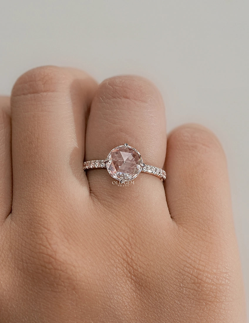 Hidden Halo Accent  Rose Cut Round Diamond Ring