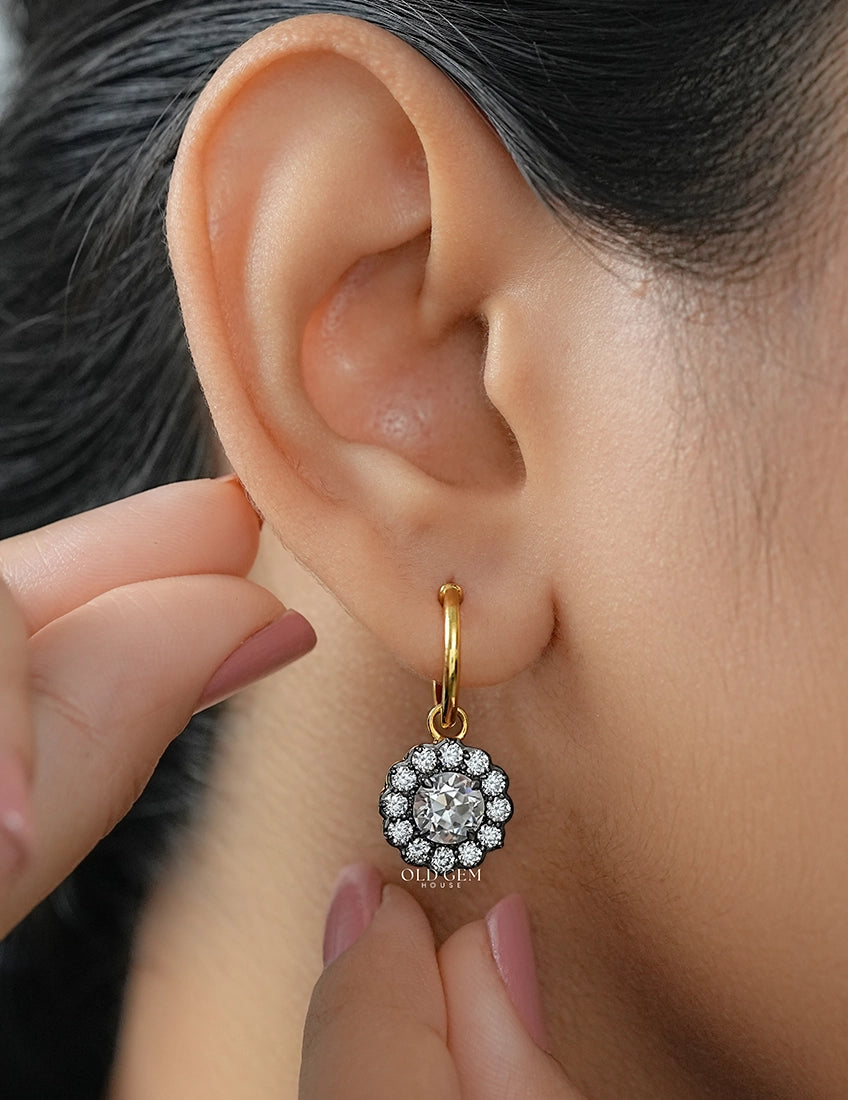 Georgian Style OEC Round Cut Floral Hoop Dangle Earrings Earrings