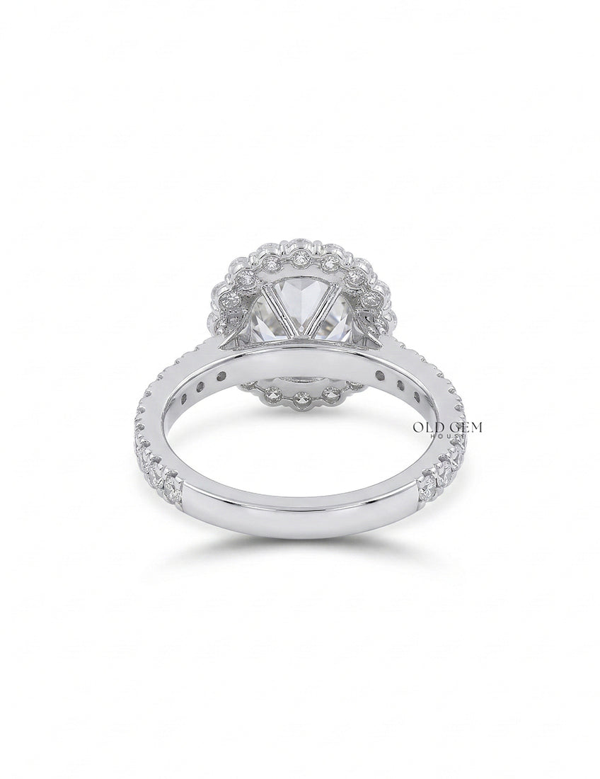 Old European Round Lab Diamond Halo Accent Ring - Mid Century Engagement Ring