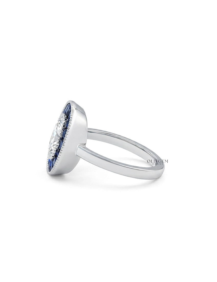Art Deco Old Mine Cushion Cut Blue Sapphire Halo Ring Engagement Ring