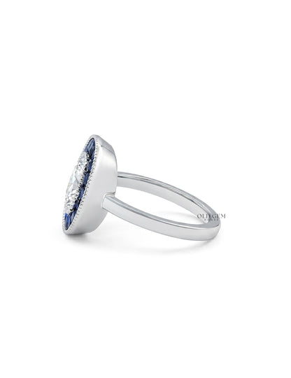 Art Deco Old Mine Cushion Cut Blue Sapphire Halo Ring Engagement Ring