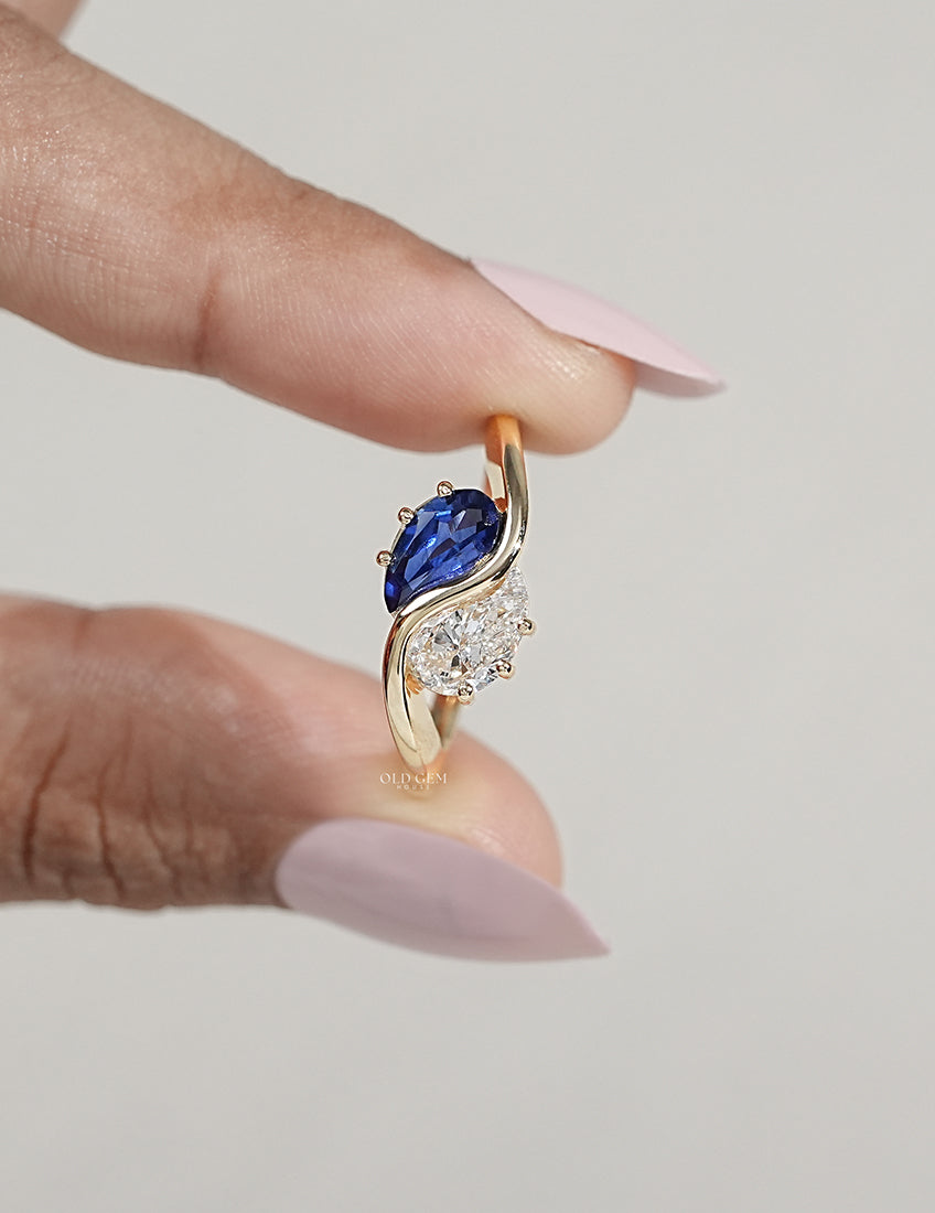 Two Stone Sapphire Modified Pear Gemstone Curved Ring