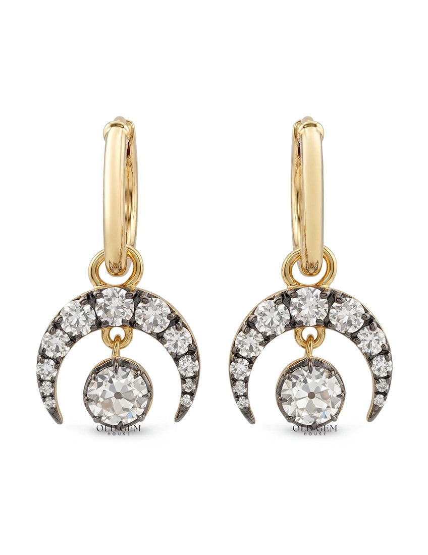 Victorian Style OEC Round Cut Crescent Moon Hoop Earring Earrings