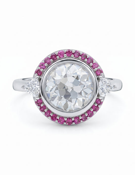 Art Deco Old European Round Cut Pink Gemstone Halo Ring Engagement Ring