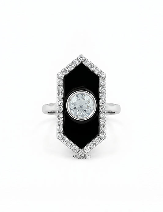 Victorian Style Old European Round Black Enamel Halo Ring Engagement Ring