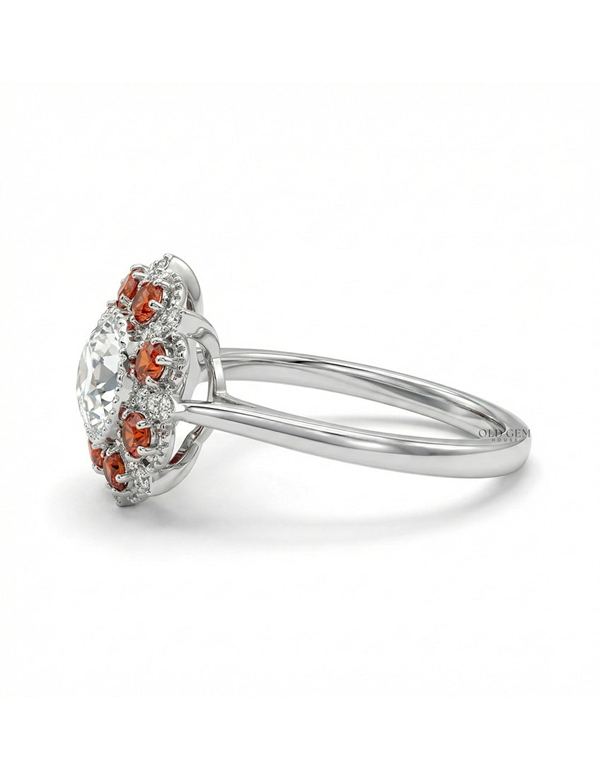 Georgian OEC Round Red Gemstone Halo Engagement Ring Engagement Ring