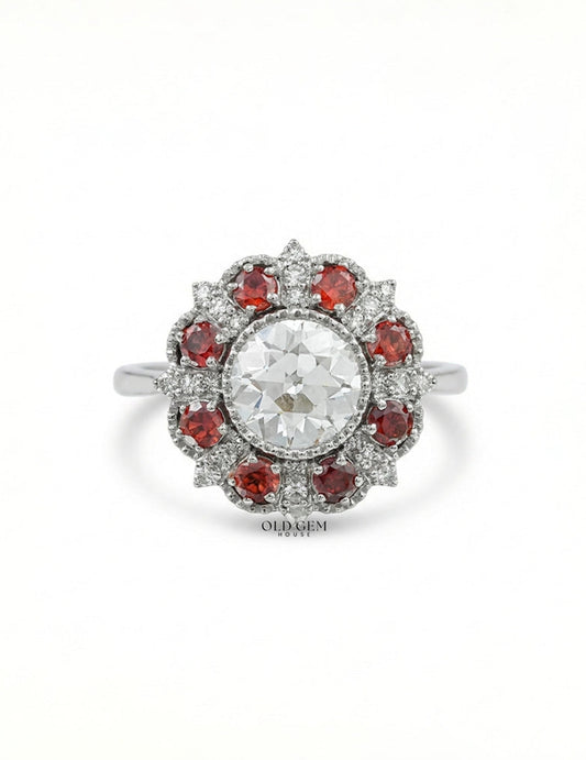 Georgian OEC Round Red Gemstone Halo Engagement Ring Engagement Ring