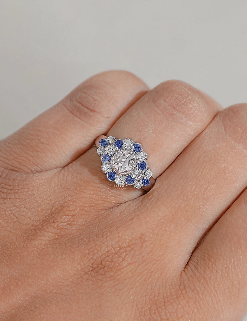 OEC Round Cut Sapphire Halo Engagement Ring Engagement Ring