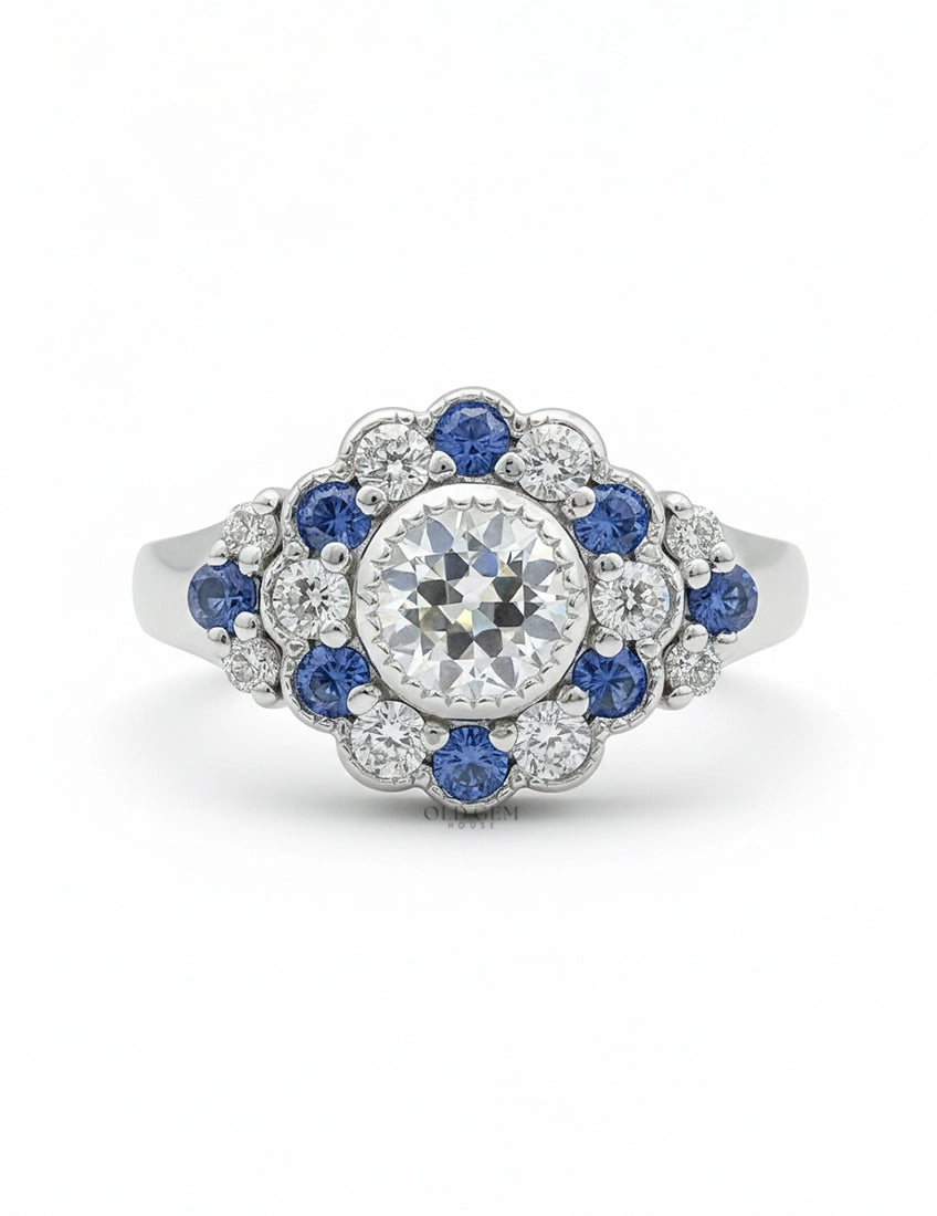 OEC Round Cut Sapphire Halo Engagement Ring Engagement Ring