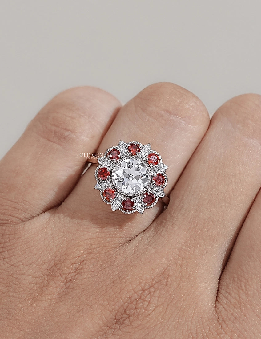 Georgian OEC Round Red Gemstone Halo Engagement Ring Engagement Ring