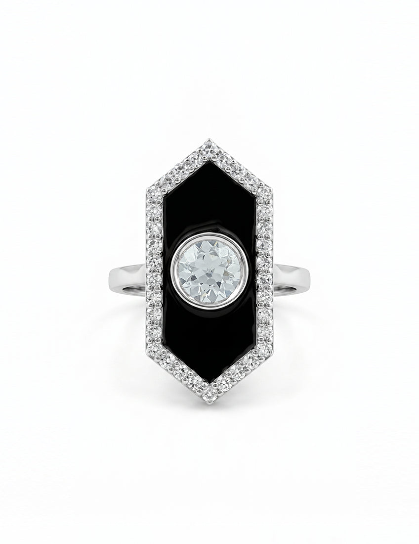Victorian Style Old European Cut Black Enamel Halo Ring Engagement Ring