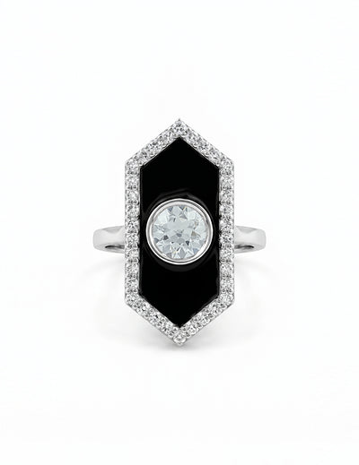 Victorian Style Old European Cut Black Enamel Halo Ring