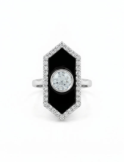 Victorian Style Old European Cut Black Enamel Halo Ring Engagement Ring