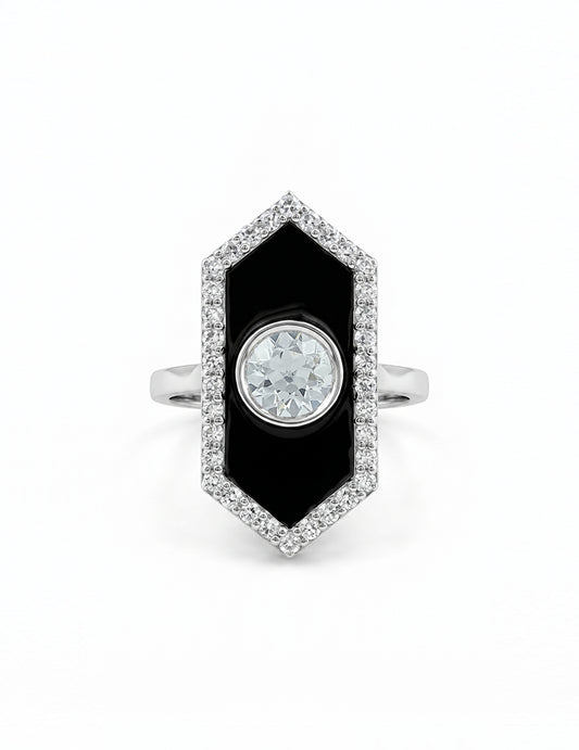 Victorian Style Old European Cut Black Enamel Halo Ring Engagement Ring