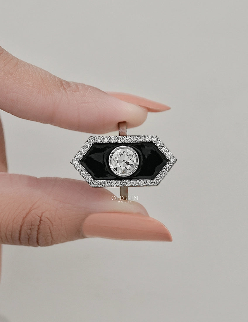 Victorian Style Old European Round Black Enamel Halo Ring Engagement Ring