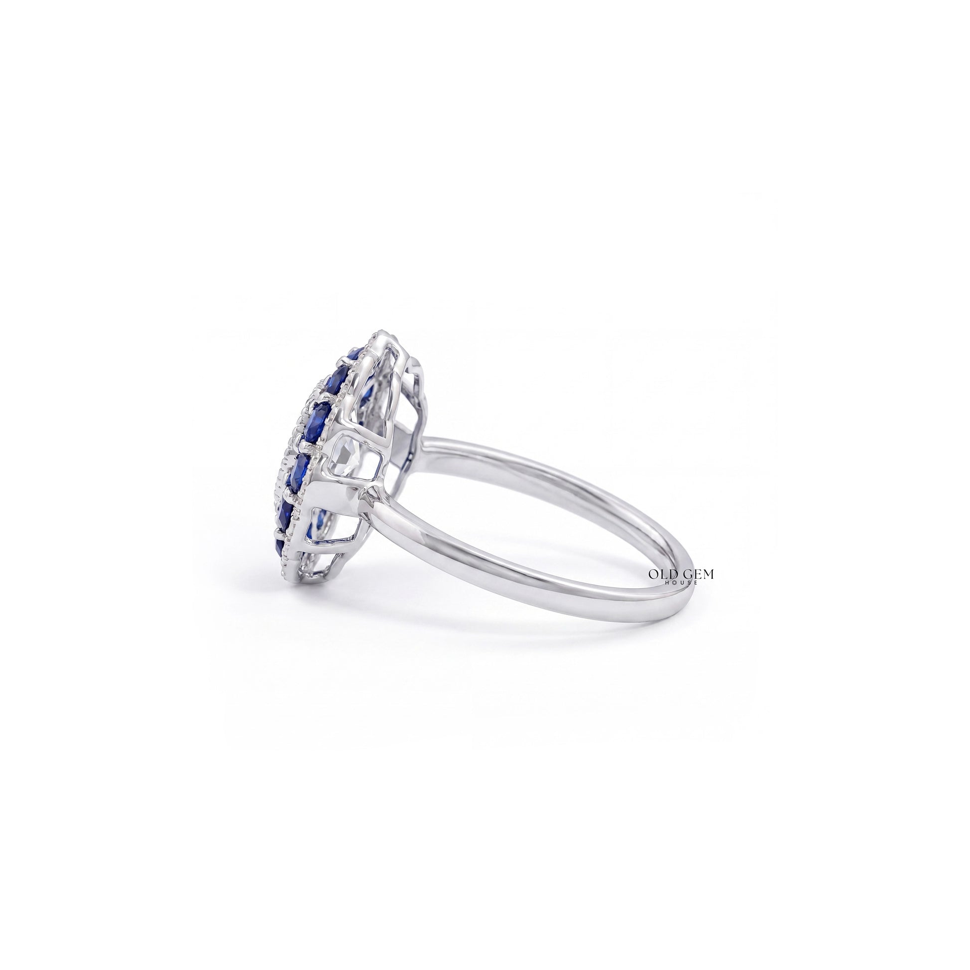 Art Deco Old European Round Cut Sapphire Halo Ring Engagement Ring